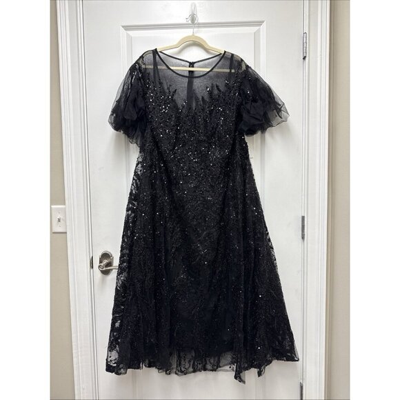 MAC DUGGAL Size 24 Black 20477 Flutter Sleeve Embellished Cocktail Midi Dress - Picture 4 of 10